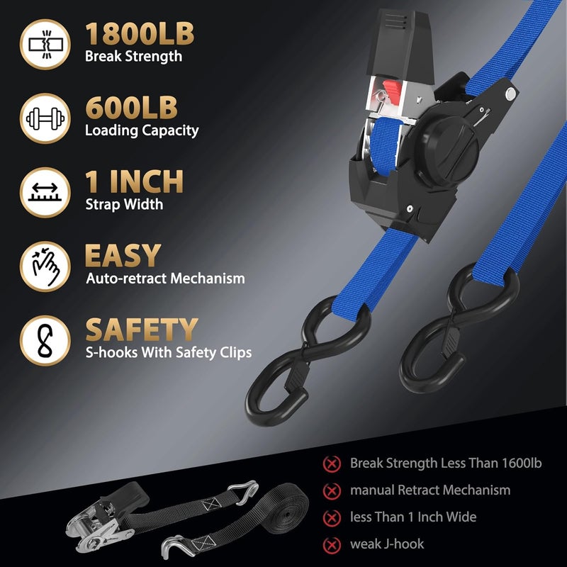IAZZCO Retractable Ratchet Tie Down Straps - 1 Inch x 10 Feet (1800 LB Break Strength) Heavy Duty Self Retracting Ratchet Straps, for Trucks/ATV/Motorcycle/Cargo/Household(Blue/4 Pack) - Image 5